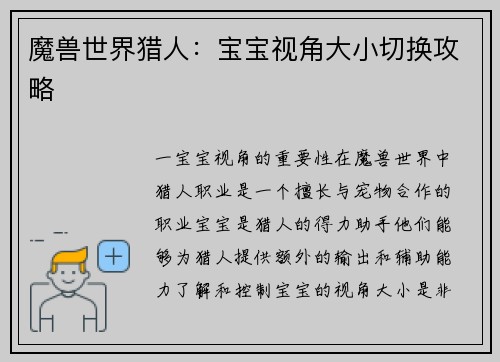 魔兽世界猎人：宝宝视角大小切换攻略