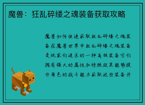 魔兽：狂乱碎缕之魂装备获取攻略