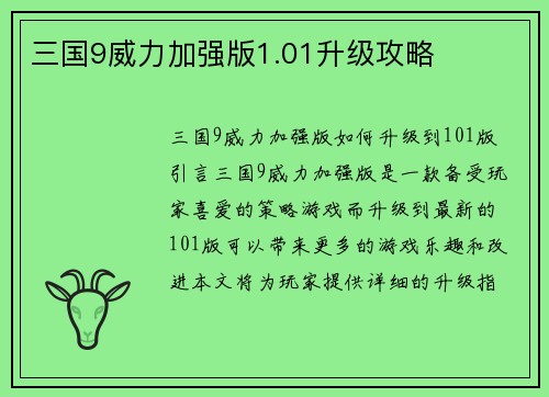 三国9威力加强版1.01升级攻略